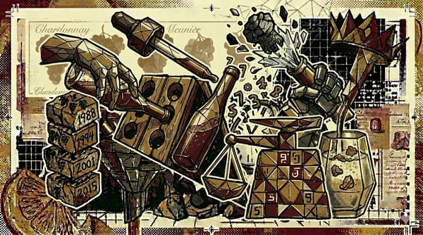 Pupitres with hand-turned bottles on one side, ice jet ejecting deposit on the other, brutalist composition