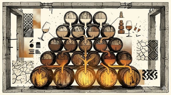Editorial brutalist illustration of stacked sherry casks in a Jerez bodega with the solera on the floor and criaderas above