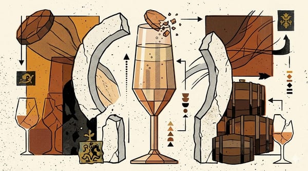 Brutalist illustration of a palomino grape splitting open with rising bubbles above albariza chalk soil