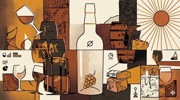 Editorial brutalist illustration of a fragmented sherry bottle from which a white wine glass rises above chalk-white albariza bedrock, intersected by a halftone grid band