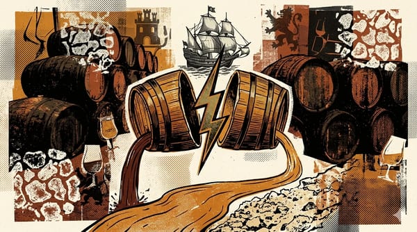Editorial brutalist illustration of a sherry bota with grape spirit pouring into a barrel, halftone patterns and oxidising gold