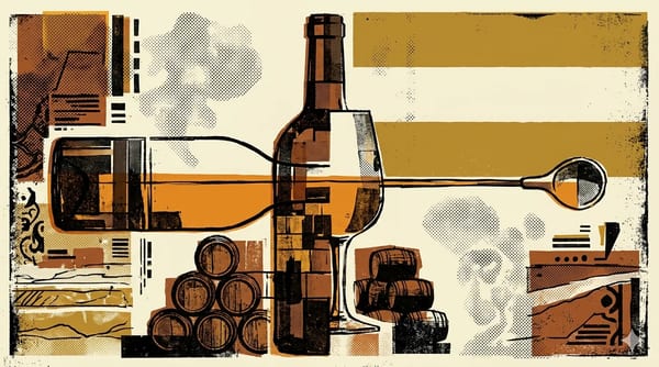 Brutalist editorial illustration of a sherry barrel cut through chalk-white albariza soil with flor yeast as a geometric layer on top