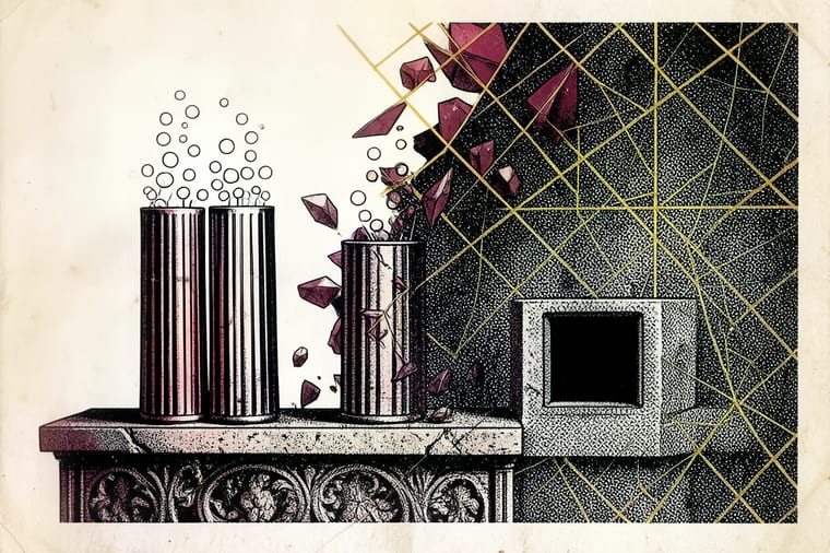 Brutalist illustration of three column-shaped glasses with rising bubbles on a stone plinth, next to an empty fourth recess