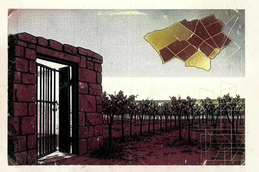 Brutalistische illustratie van een open smeedijzeren poort in een bordeauxrode muur, met daarachter rijen wijnstokken en een gebarsten gouden perceelkaart in de lucht.