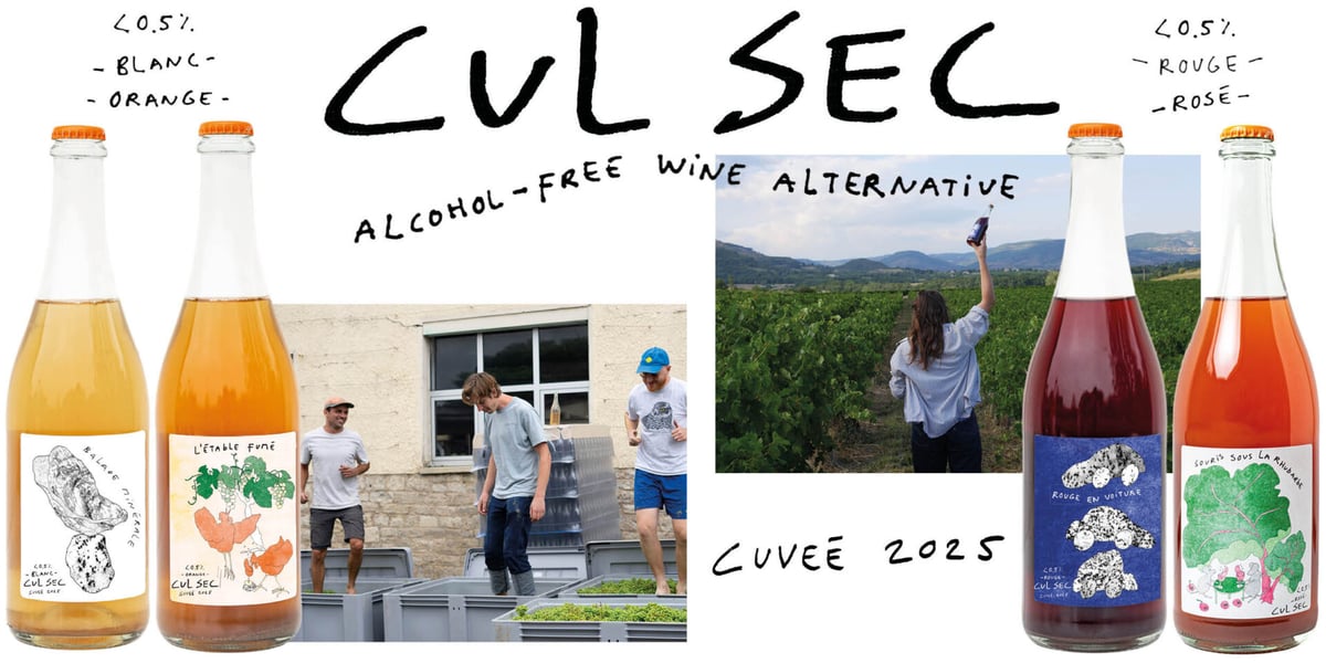 Cul Sec cuvée 2025 alcoholvrije reeks: vier flessen met foto’s van de oogst en de wijngaard