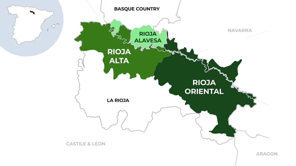 Kaart van Rioja in Noord-Spanje met de drie subregio's Rioja Alta, Rioja Alavesa en Rioja Oriental