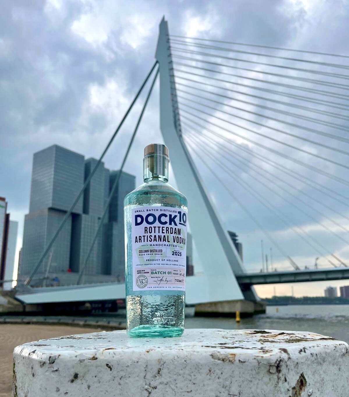 Fles DOCK10 Rotterdam Artisanal Vodka op een paaltje voor de Erasmusbrug en skyline van Rotterdam