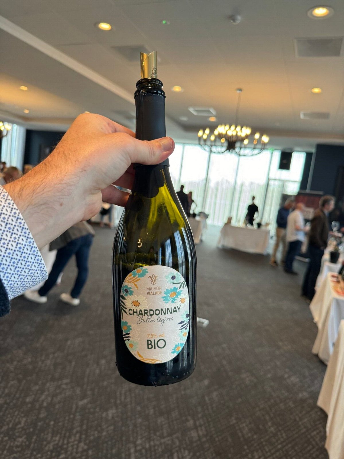 Hand houdt fles Maison Vialade Chardonnay Bulles légères Bio vast in de proeverijzaal