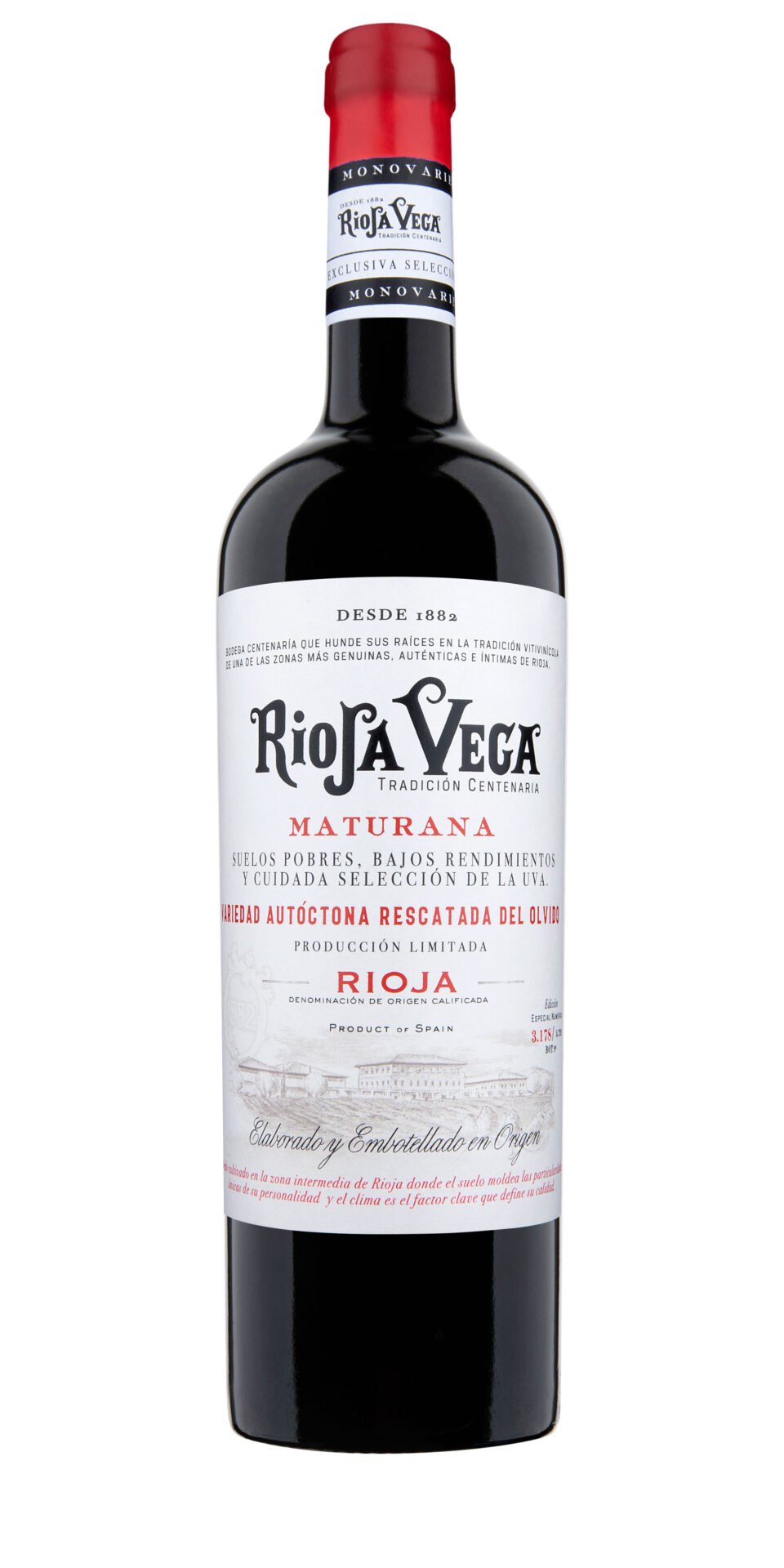 Staande fles Rioja Vega Maturana met wit etiket en rode capsule tegen een witte achtergrond