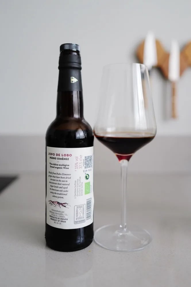 Achteretiket van Barbadillo Jopo de Lobo Pedro Ximénez