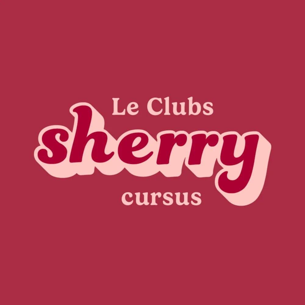 Aankondigingsbeeld van Le Clubs sherrycursus: het woord sherry in roze schrijfletters op een dieprode achtergrond