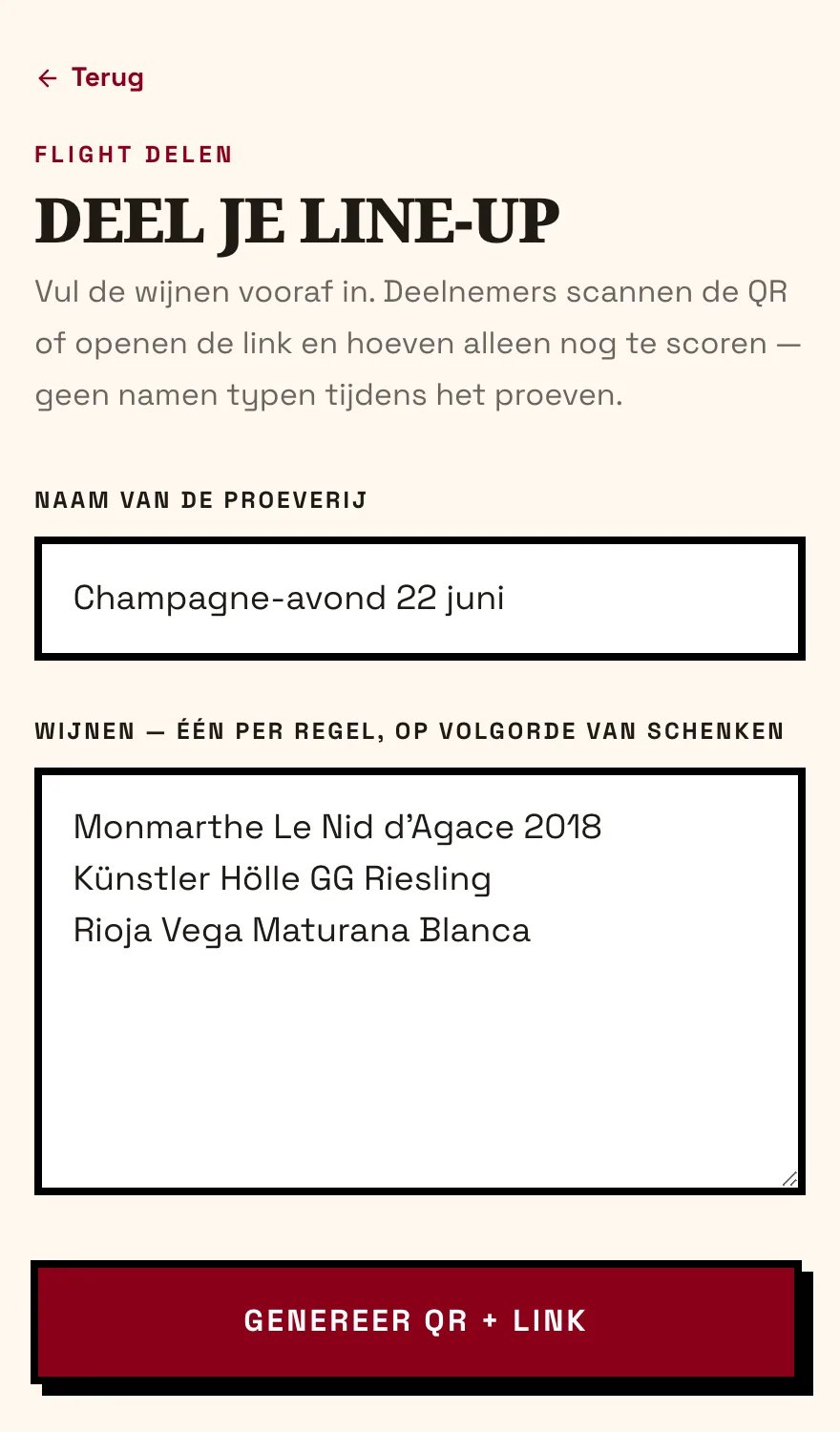 De gastheer vult de line-up vooraf in en deelt die via een QR-code of link