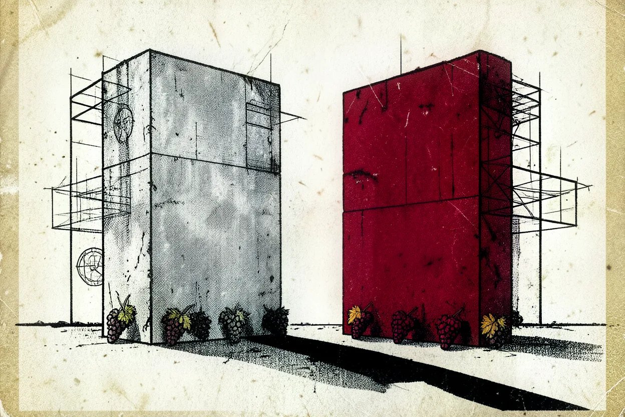 Brutalistische illustratie van twee identieke monolieten, links verweerd grijs en rechts oxblood, verbonden door één lange zwarte schaduw, met druiventrossen in hetzelfde patroon aan hun voet