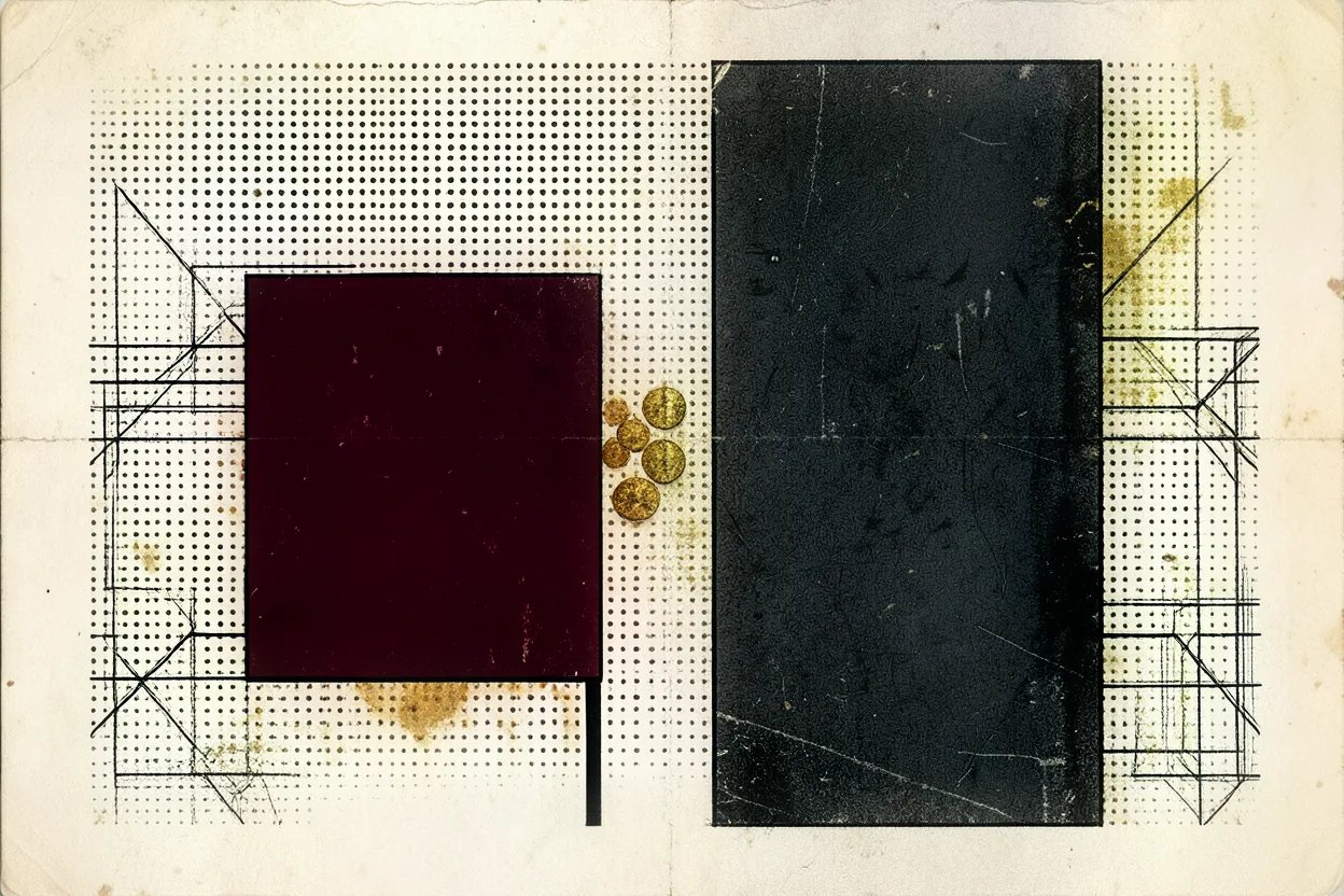 Brutalist illustration in oxblood and cream of two separate stacks, one far taller, joined by a thin bridge