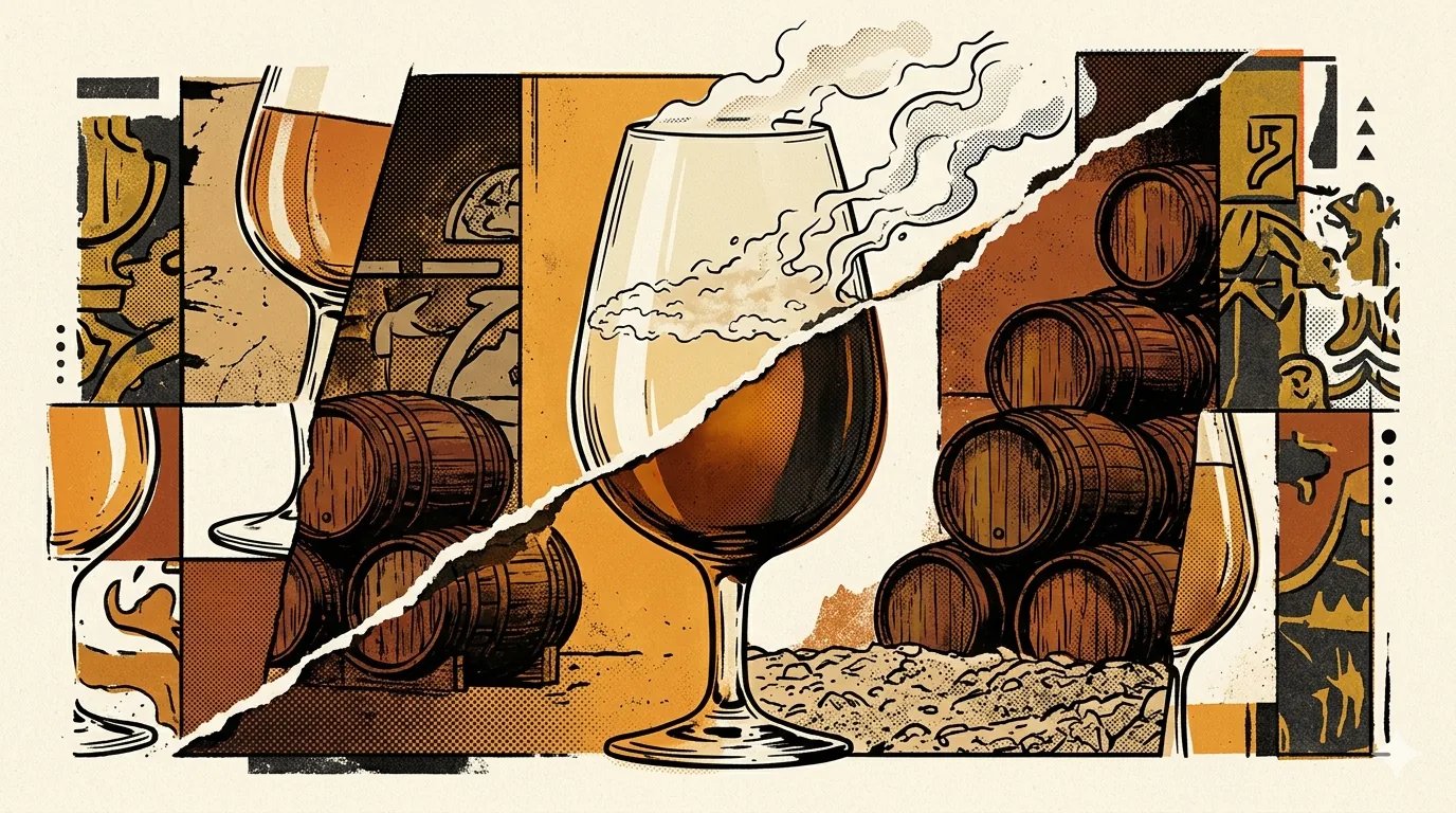 Editorial brutalist illustratie van een tweetraps sherry-vat: links een witte florlaag die uiteenvalt, rechts een ambergeel oxidatief vat, in bordeauxrood, crème en oxidegoud