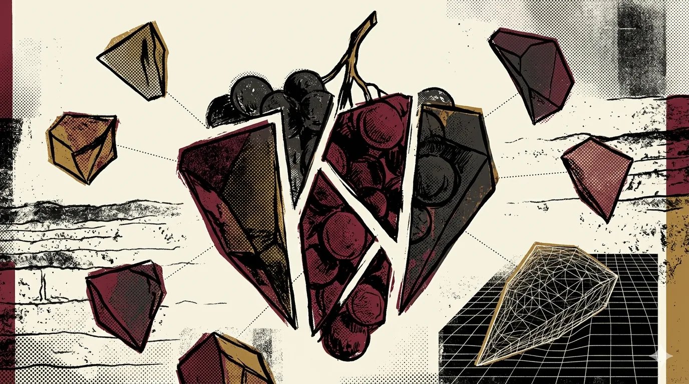 Negen druivenrassen van Champagne in brutalist illustratie, dwarsdoorsnede van een tros