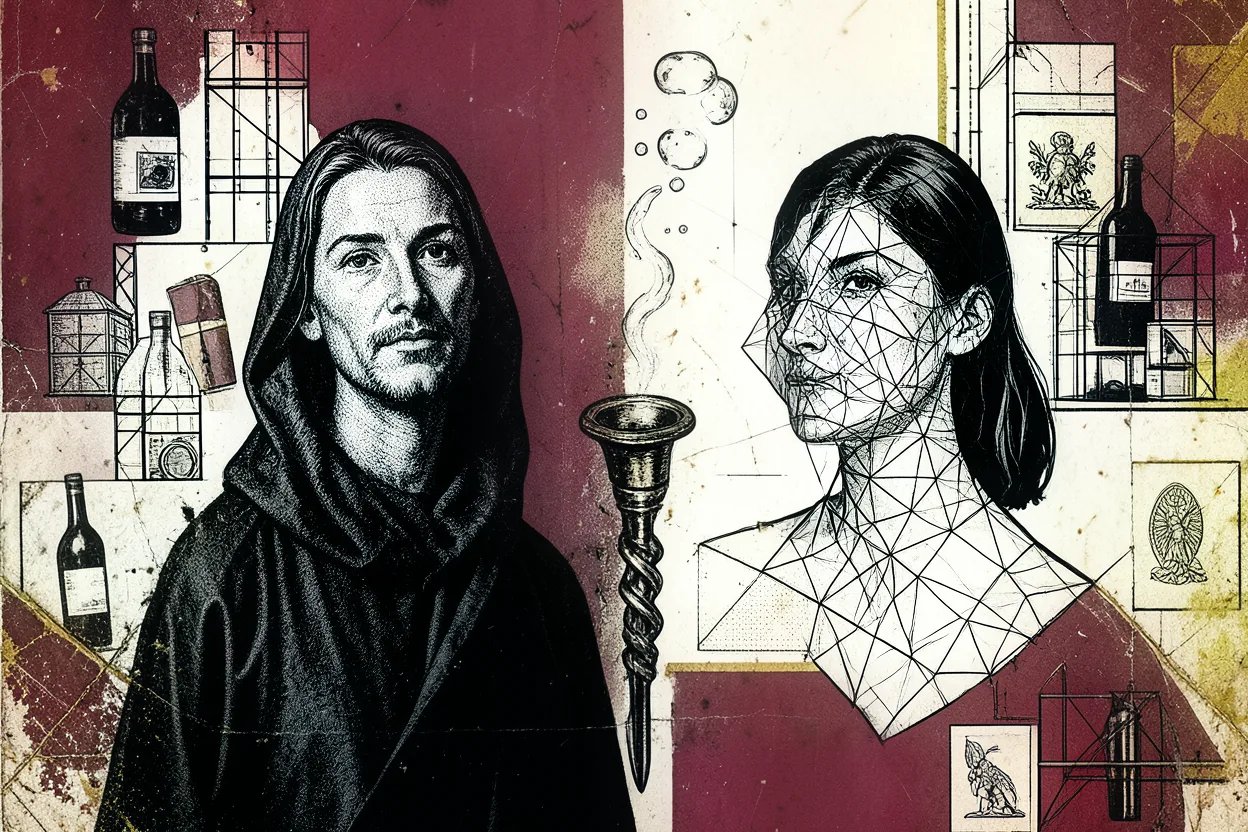 Tweeluik portret van klassieke maison-monnik en hedendaagse vigneronne, brutalist collage