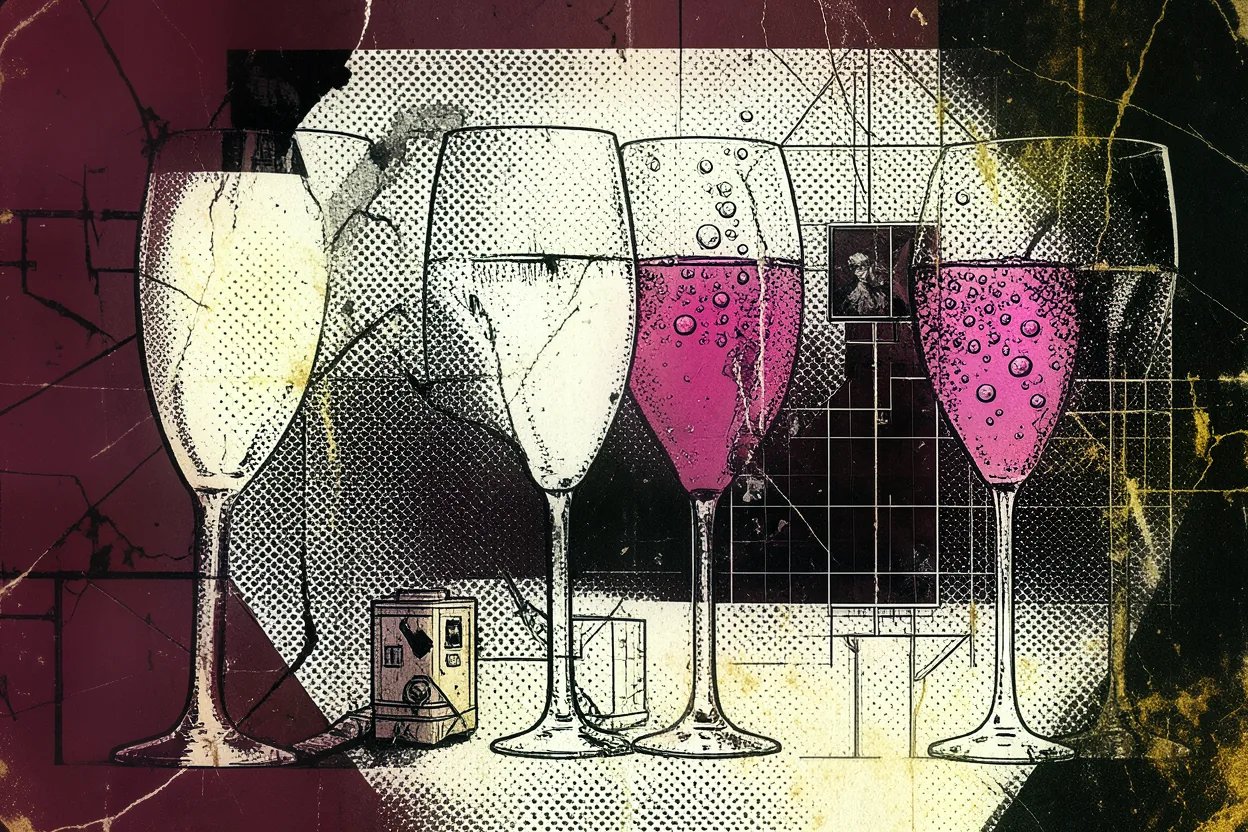 Acht champagneflessen op rij, van Brut Nature tot Rosé, in editorial brutalist stijl