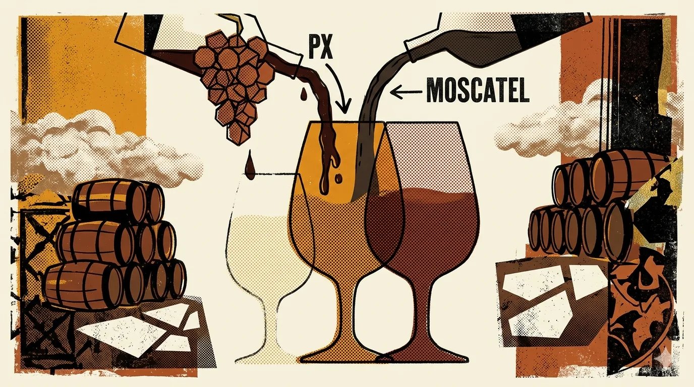 Editorial brutalist illustratie van drie copita-glazen in gradiënt van bleekgoud naar amber naar mahonie, met halftone dots en oxidegoud, op een crèmekleurige achtergrond