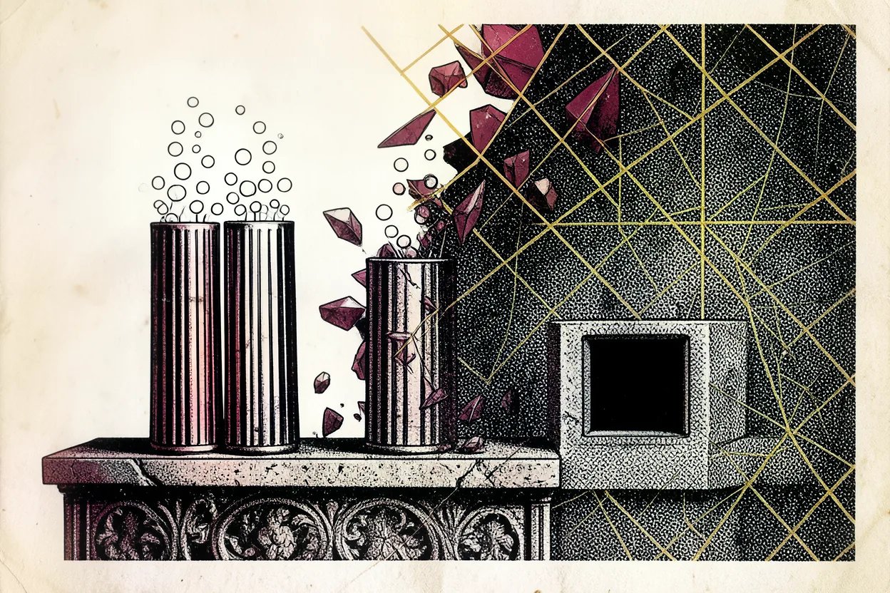 Brutalist illustration of three column-shaped glasses with rising bubbles on a stone plinth, next to an empty fourth recess