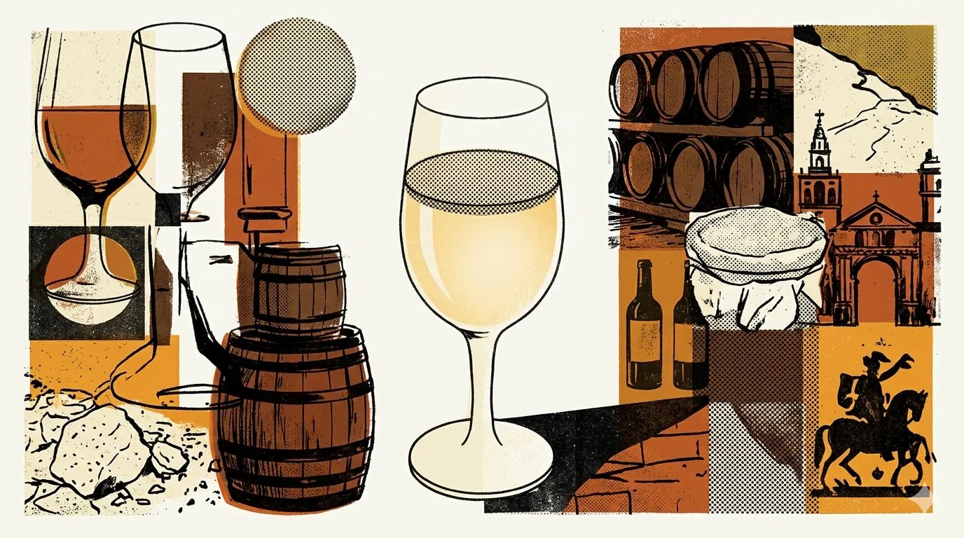 Editorial brutalist illustratie van een copita met fino sherry, met een witte flor-disc als geometrisch fragment, in bordeauxrood, crème en oxidatief goud