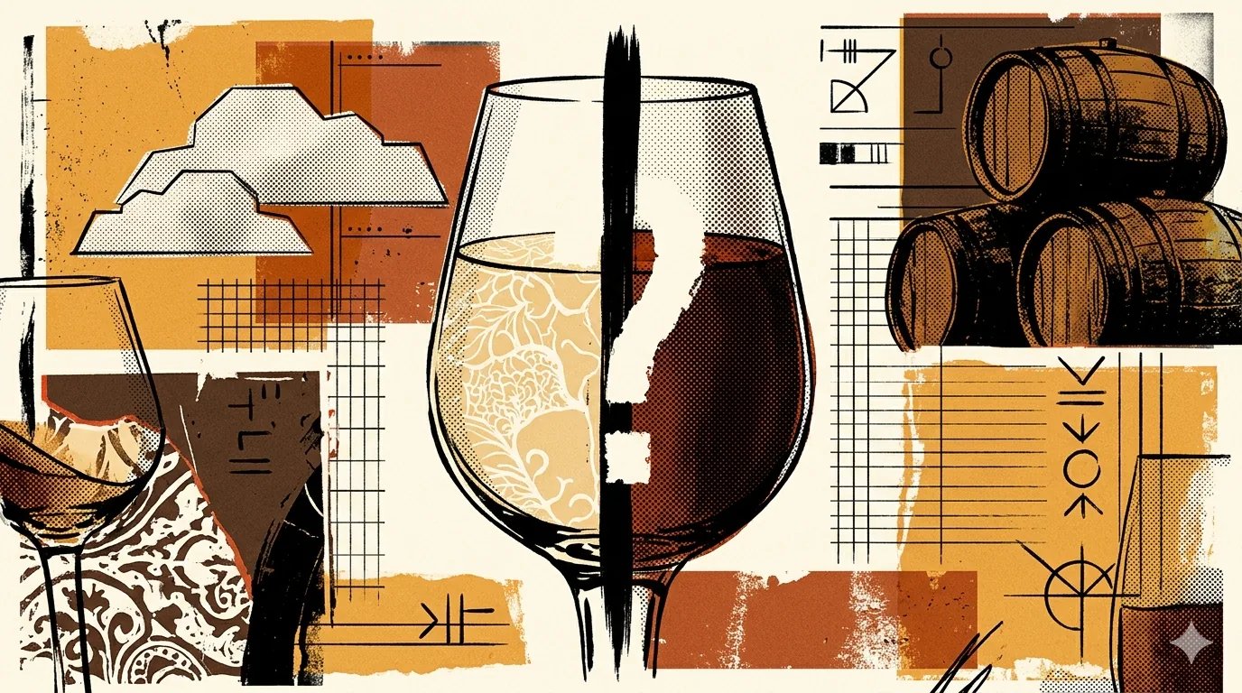Editorial brutalist illustratie van een gespleten sherry-vat met krijt-mark, helft fijne flor-laag en helft donkere oxidatieve kern, als metafoor voor Palo Cortado tussen Amontillado en Oloroso