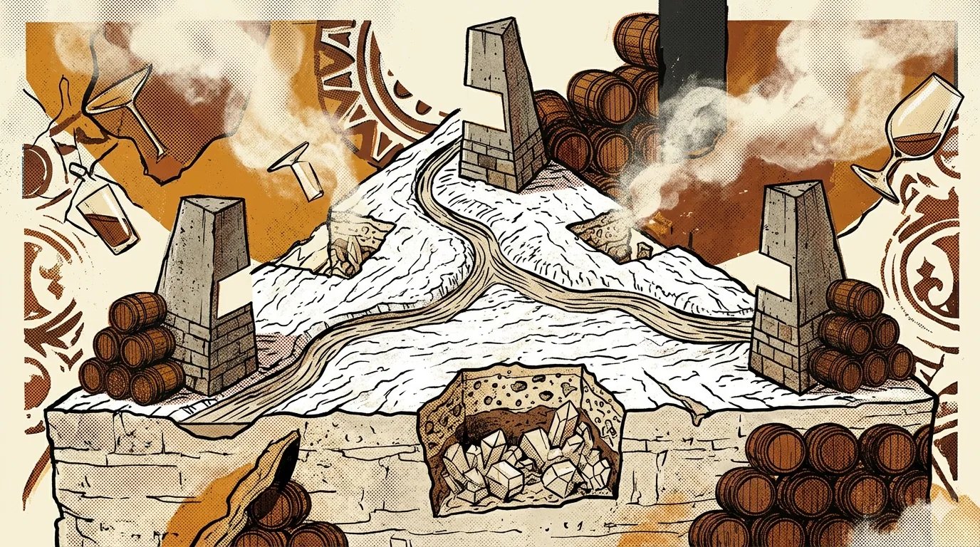 Brutalistische illustratie van de sherry-driehoek met witte albariza-krijtbodem, drie monolithische stadssilhouetten en Atlantische windlijnen