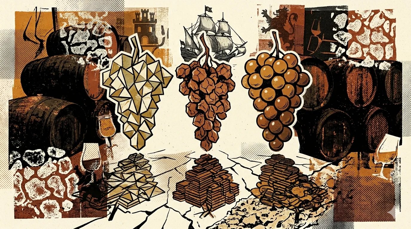 Editorial brutalist illustratie van drie druiventrossen boven albariza-bodem onder de Andalusische zon