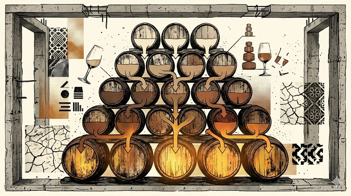 Editorial brutalist illustratie van gestapelde sherry-vaten in een Jerez bodega met de solera op de grond en criaderas erboven