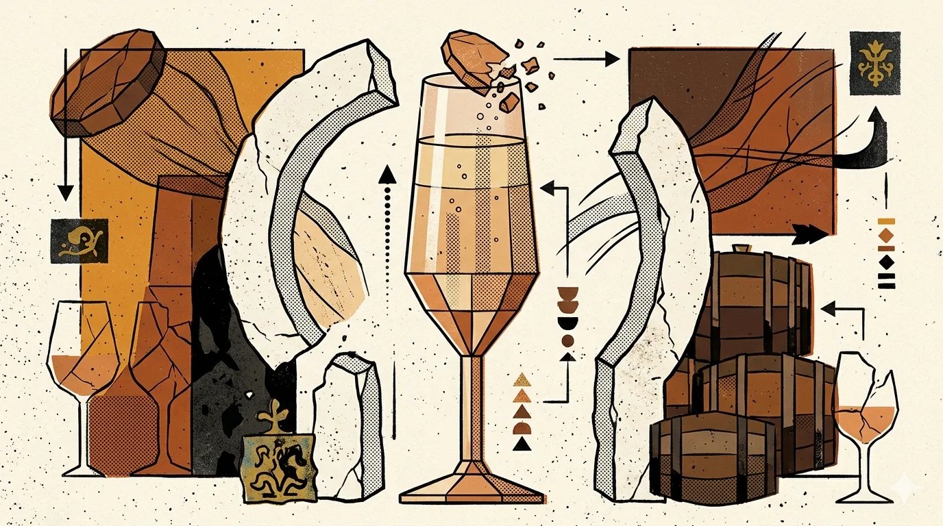 Brutalistische illustratie van een palomino-druif die opensplijt met opstijgende bubbels boven albariza-bodem