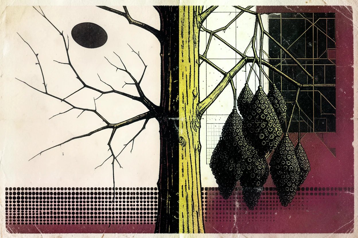 Gespleten druivenstam, links kale takken, rechts zwaar beladen trossen
