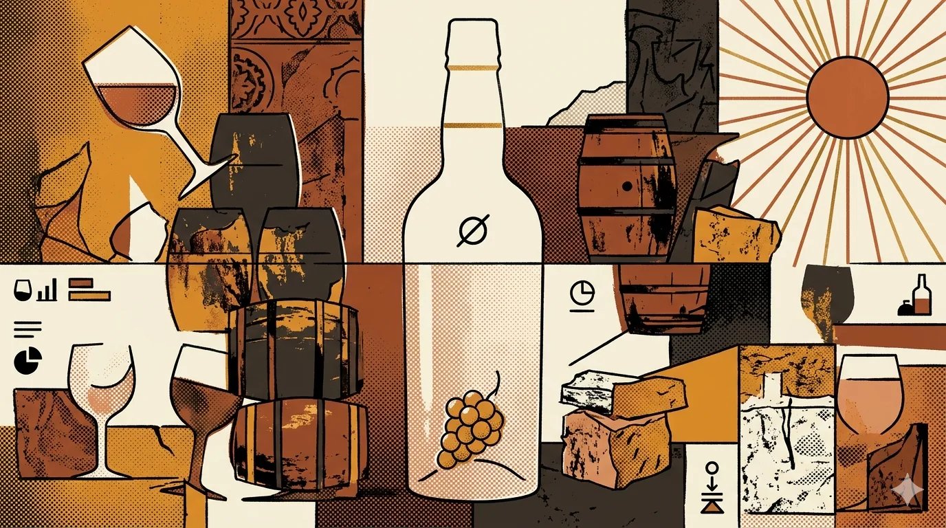 Editorial brutalist illustratie van een gefragmenteerde sherryfles waaruit een witte wijnglas oprijst boven krijtwit albariza-gesteente, doorsneden door een halftoon-rasterband