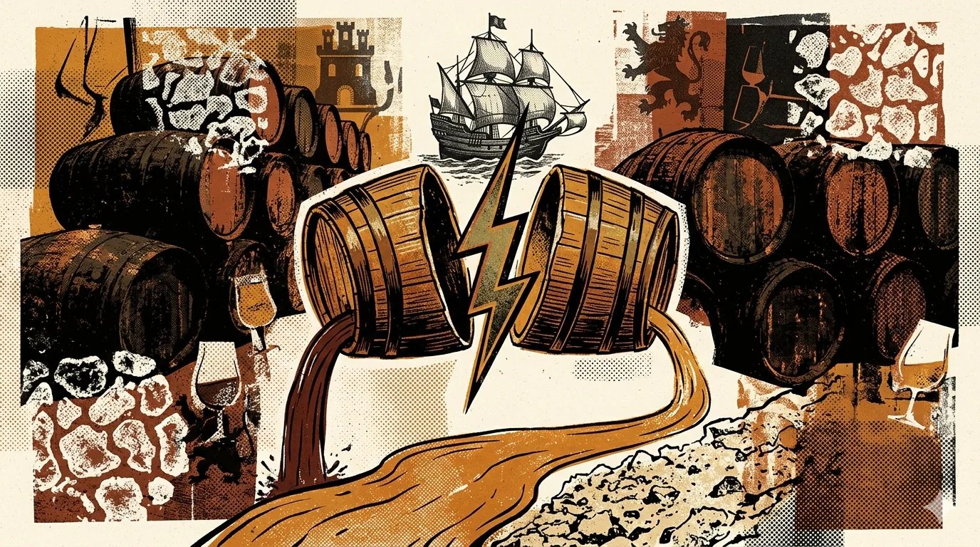Editorial brutalist illustration of a sherry bota with grape spirit pouring into a barrel, halftone patterns and oxidising gold