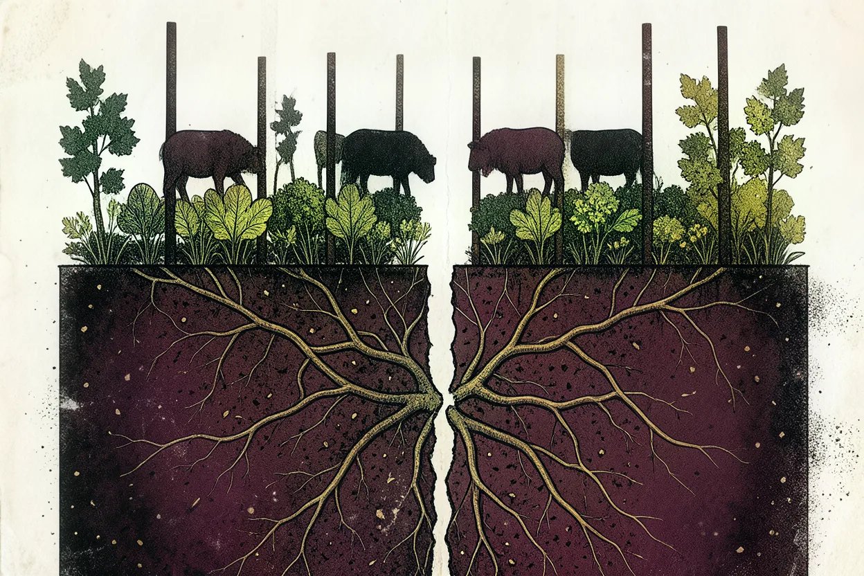 Wijngaard met dichte groenbemesting tussen de rijen, schapen die grazen en een dwarsdoorsnede van levende bodem vol wortels
