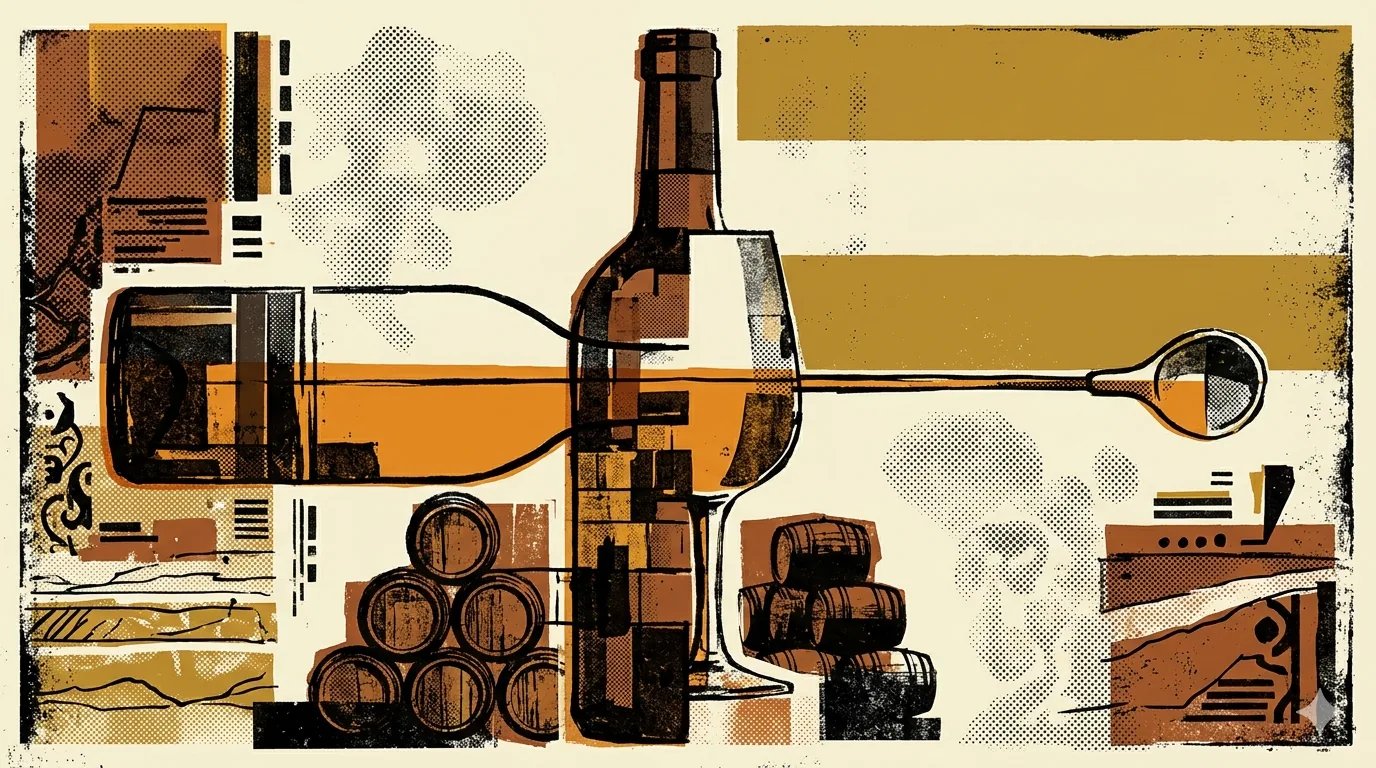 Brutalistische editorial illustratie van een sherryvat doorsneden door krijtwitte albariza-grond met flor-yeast als geometrische laag bovenop