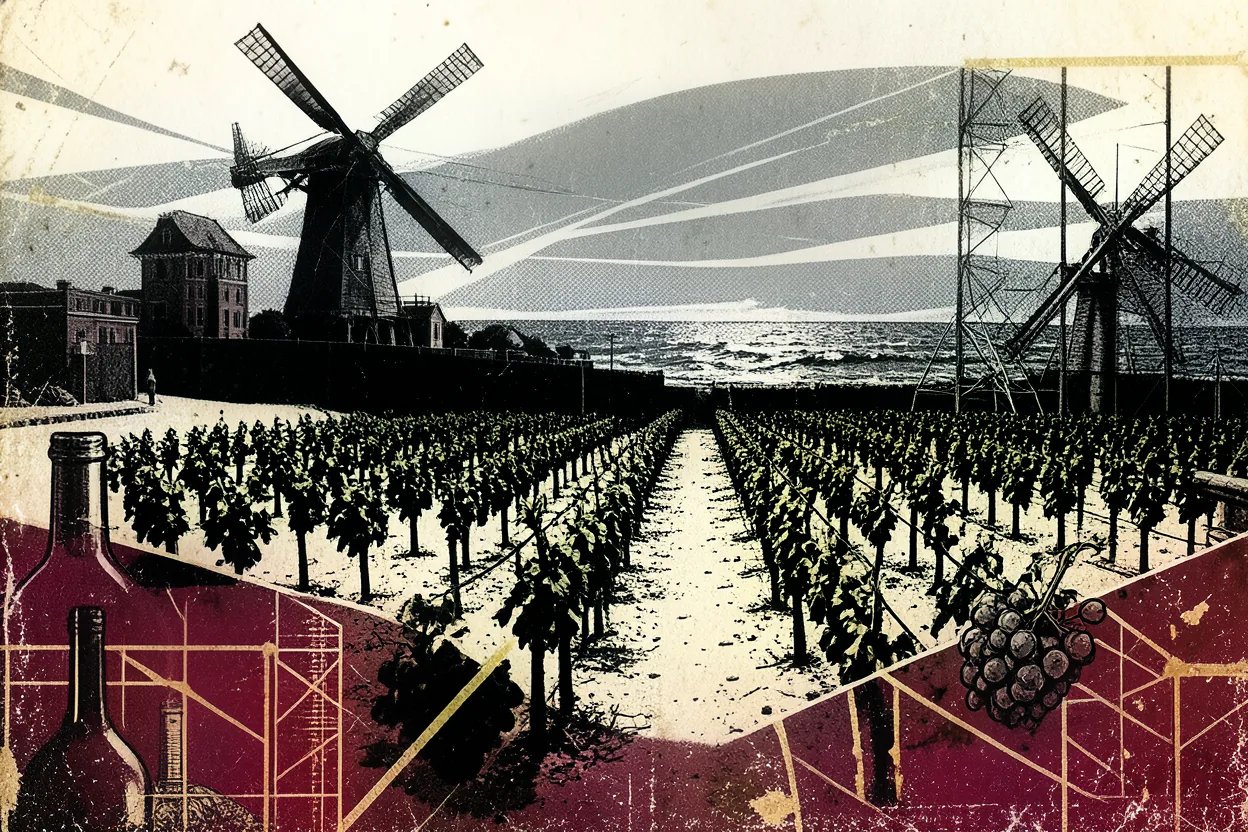 Brutalistische illustratie van een Zeeuwse kustwijngaard met molens, wijngaardrijen naar de Noordzee en druiventrossen