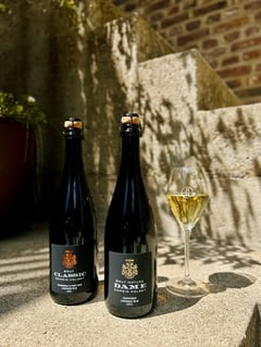 Flessen Classic Brut en Dame Brut Nature van Domein Holset met BOB Mergelland naast een glas mousserende wijn tegen een mergelmuur