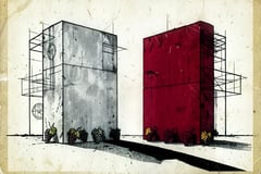 Brutalist illustration of two identical monoliths, one weathered grey and one oxblood red, joined by a single long black shadow, with grape clusters in the same pattern at their base