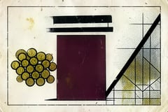 Brutalistische illustratie in oxblood en cream van een maatvat dat maar tot een derde gevuld is, met daarboven een zwarte streep op het niveau dat niet gehaald wordt