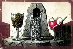 Drie glazen met thee, bubbels en appel-gember naast een gebroken monoliet