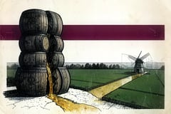 Brutalistische illustratie van een gestapelde solera van sherryvaten die openbreekt, met amberkleurige wijn die door een sloot over een Nederlandse polder naar een molen stroomt, onder een wijnrode band