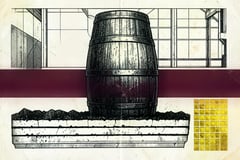 Brutalistische illustratie van een sherryvat, doorsneden door een horizontale wijnrode band, met daaronder een doorsnede van witte albariza-bodem