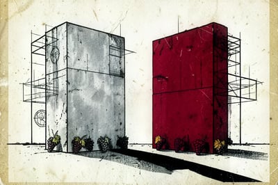 Brutalistische illustratie van twee identieke monolieten, links verweerd grijs en rechts oxblood, verbonden door één lange zwarte schaduw, met druiventrossen in hetzelfde patroon aan hun voet