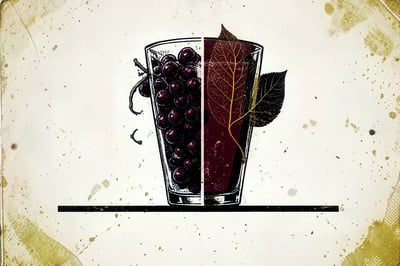 Brutalistische illustratie in deep burgundy en houtskool van een half gevuld glas dat splitst in twee helften, één met druiven en één met botanische vormen, over een halftoondot-patroon.