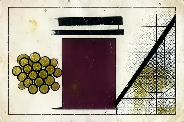 Brutalistische illustratie in oxblood en cream van een maatvat dat maar tot een derde gevuld is, met daarboven een zwarte streep op het niveau dat niet gehaald wordt