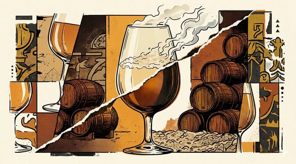 Editorial brutalist illustratie van een tweetraps sherry-vat: links een witte florlaag die uiteenvalt, rechts een ambergeel oxidatief vat, in bordeauxrood, crème en oxidegoud