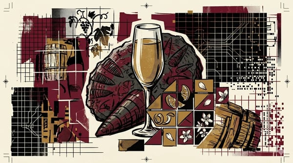 Blanc de Blancs glas met krijtige Côte des Blancs op de achtergrond, brutalistische compositie