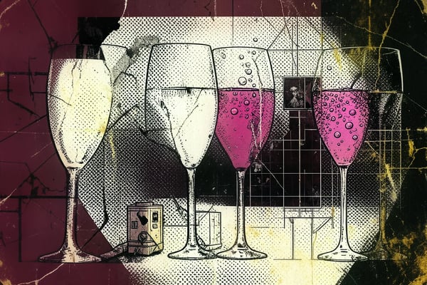 Acht champagneflessen op rij, van Brut Nature tot Rosé, in editorial brutalist stijl