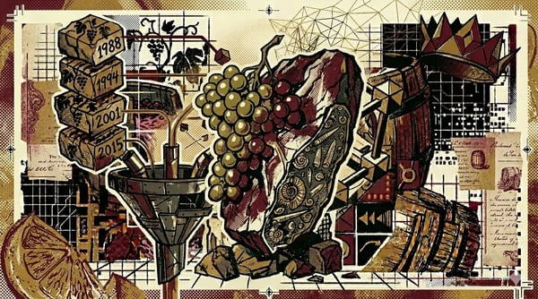 Druiventros gefuseerd met blok belemniet-krijt, fossielen zichtbaar in het krijt, brutalistische compositie