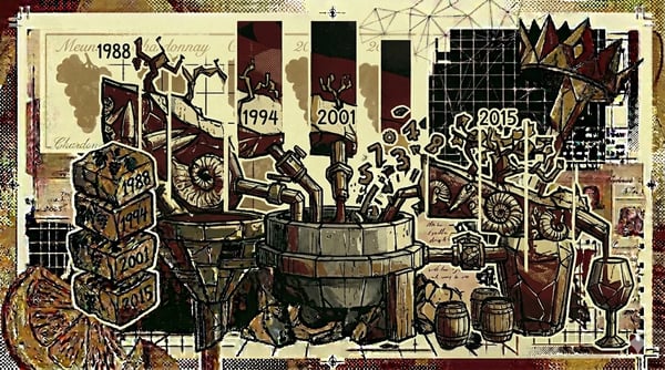 Wijngaarden van de Côte des Blancs op krijtbodem, brutalistische landschapscompositie